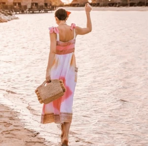 Juliet Dunn Tie Shoulder Cotton Midi Dress Orange Pink Sz 1 US 4 Small Tye Dye - Picture 1 of 14