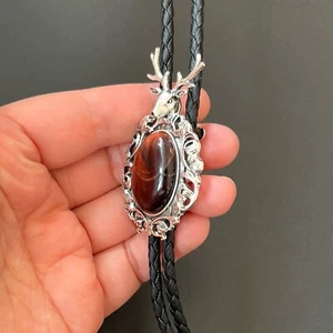 Vintage Silver Elk Base & Red Tiger's Eye Stone Bolo Tie Cowboy Wedding Necklace - Picture 1 of 10