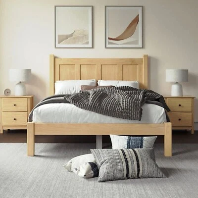 Modern Farmhouse Platform Bed Frame Queen Size with Headboard Solid Wood Natural - Image 1 of 4