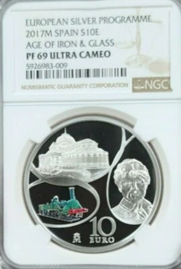 2017 SPAIN SILVER 10 EURO AGE OF IRON & GLASS NGC PF 69 ULTRA CAMEO TOP POP 1 - Picture 1 of 4