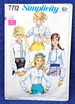 Vintage 60s Pattern Simplicity 7712 High Neck Blouses Jabot Ruffle 38" - Image 1 of 2