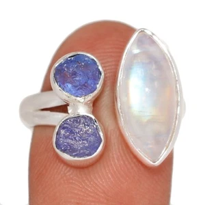 Anillo de plata 925 con piedra lunar arco iris natural, India y cristal de tanzanita s.8 CR71624 - Imagen 1 de 1