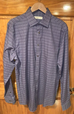 Michael Kors Men LS Collared Dress Shirt Navy Blue Plaid 16 1/2 36/37 Slim Tall - Image 1 of 4