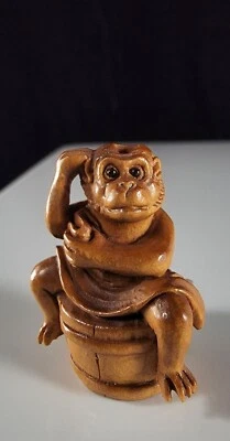 Antique Japanese Meiji Era Netsuke Ojime Bathing Monkey On Barrel Unsigned - Image 1 of 4
