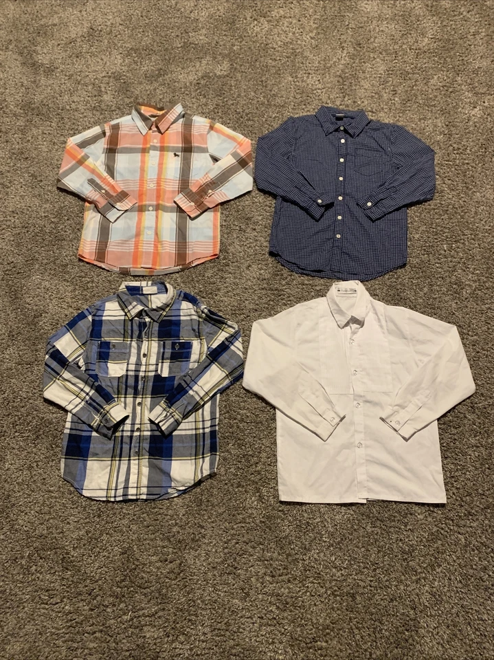 Lot Of 4 Dress Shirts Boys Medium Long Sleeve Flannel All White Checkered Blue - Image 1 of 4