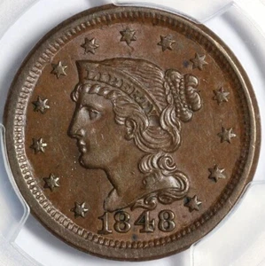 1848 1c N-2 Braided Hair Large Cent PCGS MS 62 BN - Picture 1 of 5