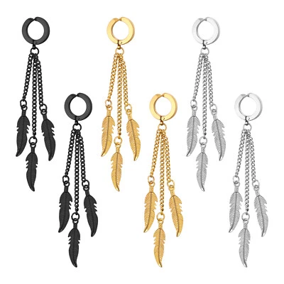 Women Men Gothic Layered Feather Drop Non-Piercing Hoop Huggie Clip-On Earrings - Image 1 of 4