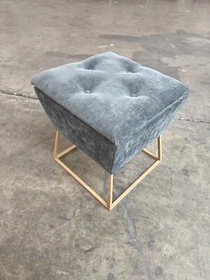 Blue Velvet Storage Ottoman Tufted Flip Top Vanity Stool Footrest Metal Base - Image 1 of 4