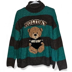 Men's-L Women’s-XXL Green Multi Christmas “HOLIDAY” Bear Embroidered Sweater - Picture 1 of 5