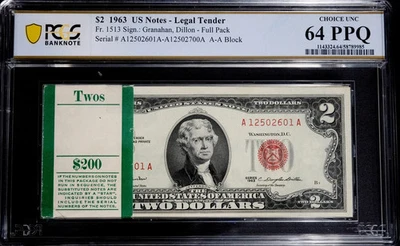 $2 1963 Legal Fr. 1513 ОРИГИНАЛЬНЫЙ ДВА ДОЛЛАРА КРАСНАЯ ПЕЧАТЬ УПАКОВКА 100 CONSEC PCGS 64PPQ - Изображение 1 из 2