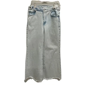 Good American Jeans Damen Gr. 8 blau ausgestellt weites Bein hoher Bund abgenutzt roher Saum - Bild 1 von 10