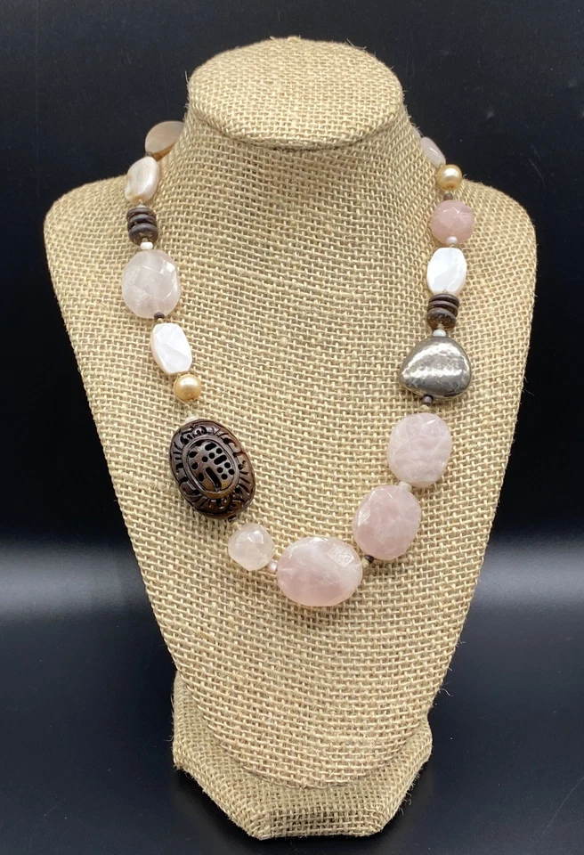 Colar de pérolas SILPADA-Sterling prata quartzo rosa madeira palma concha esfregão N1819 - Imagem 1 de 1