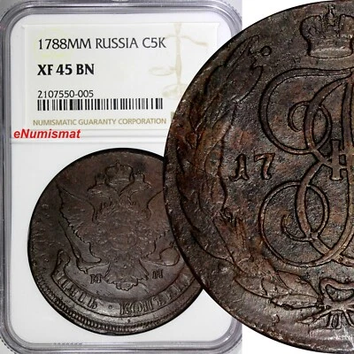 Russia Catherine II Copper 1788 MM 5 Kopecks NGC XF45 BN RED MINT C# 59.6 (05) - Image 1 of 4