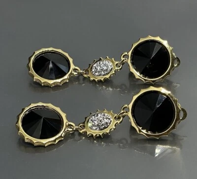 Brincos vintage folheados a ouro facetado preto cristal Rivoli com clipe longo 2,5” - Imagem 1 de 4