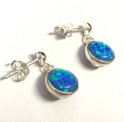 Sterling Silver Filigree Trellis work Blue Green Opal Round Drop Earrings boxed — 第 1/2 张图片