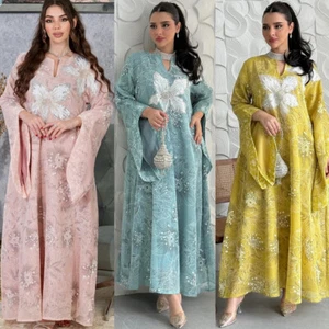 Muslim Evening Women Embroidery Long Dress Abaya Dubai Kaftan Modest Loose Robe - Foto 1 di 27