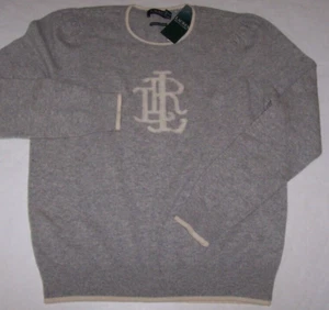 NWT Ralph Lauren Gray/Cream WASHABLE CASHMERE Monogram Logo Women's Sweater XL - Picture 1 of 4