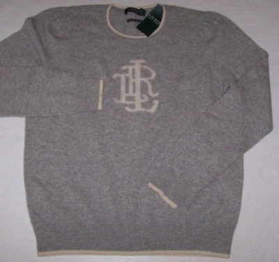 Новый с Ярлыками Ralph Lauren серый/кремовый моющийся кашемир монограмма логотип женский свитер L - Изображение 1 из 4