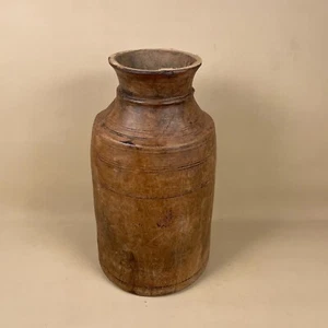 Antique Indian Wooden Vase Pot Handmade Brown Wood Decorative Carved Container - Picture 1 of 9