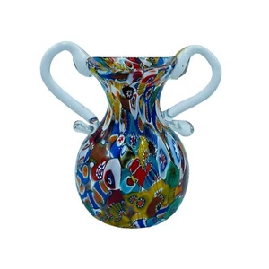 Venetian Fratelli Toso Two Handeled Millefiori Small Glass Bud Vase Murano - Picture 1 of 6