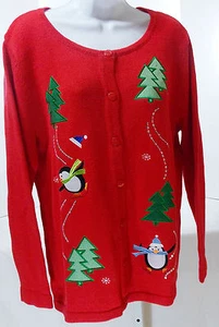 Damas RQT Feo Navidad Cárdigan Rojo Suéter Árboles y Pingüinos Nuevo con etiquetas - Imagen 1 de 11