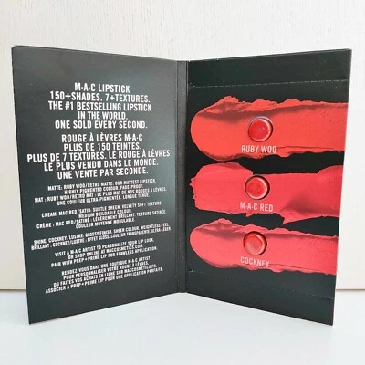 MAC Lipstick Sample Card, 3 shades tester, #Ruby Woo / M·A·C Red / Cockney, NEW! - Image 1 of 4
