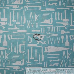 BonEful Fabric FQ Cotton Quilt Blue Wood Craft Tool Garage Craftsman Sale Retro  - Picture 1 of 12