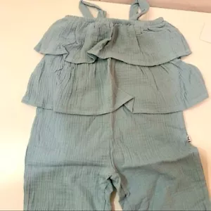 Deux par deux 2Y Toddler Girl Tiered Cotton Gauze Jumpsuit with Straps in Teal - Picture 1 of 5
