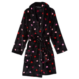 VICTORIA SECRET Bata Manga Corta Larga Negro Rojo Rosa Corazones Acogedora Suave XS/S NUEVO - Imagen 1 de 2