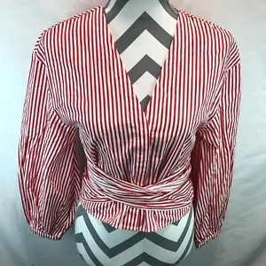 H&M Button Up Tie Front Crop Red White Stripe Blouse 4 NWT KK20 - Picture 1 of 5