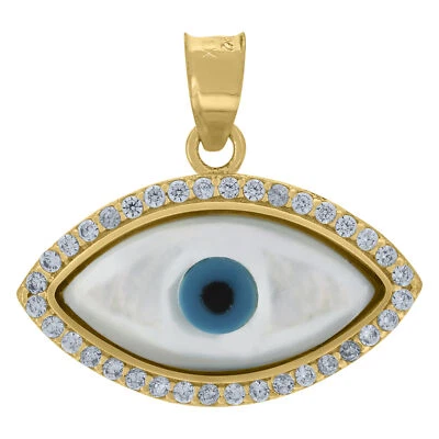 10kt Yellow Gold Cubic-Zirconia Evil Eye Blue White Enamel Charm Pendant Foto 1 de 2
