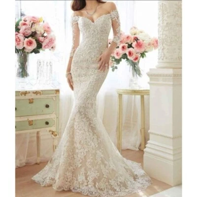 Wedding dress off-shoulder Sze 8-10 mermaid white bride lace V-neck NEW tail - Image 1 of 4