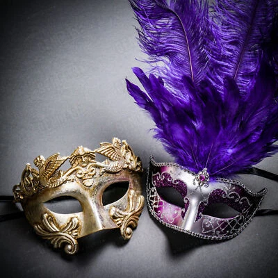 Venetian Roman Warrior Men & Silver Eye Mask w/ Top Purple Feather Couple Masks - Image 1 of 3