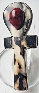Huge Sterling Silver handmade dyed bone and amber ankh ring - Picture 1 of 5