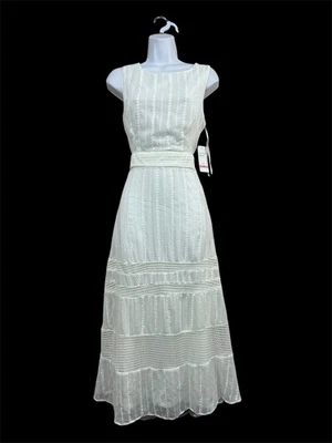 NWT Women Embroidered Eyelet Midi Dress Tiered 10 Ivory Crochet Cottage Romance - Image 1 of 4