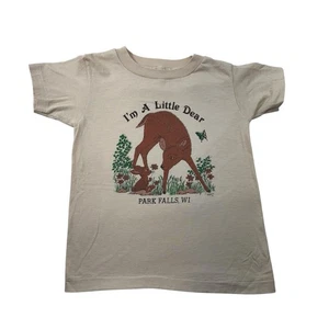 T-shirt vintage 1987 Park Falls WI I'm A Little Deer beige marrone chiaro punto singolo S - Foto 1 di 10
