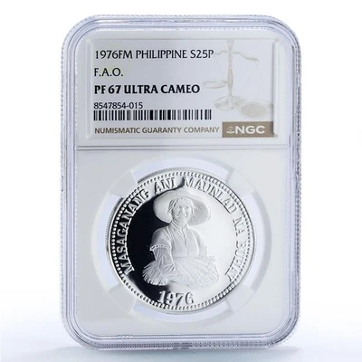 Philippines 25 piso FAO World Food Day Woman PF67 NGC silver coin 1976 - Image 1 of 4