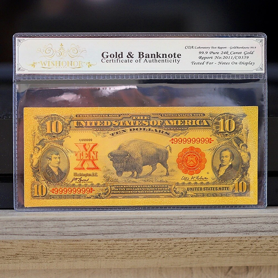 100mg 24K Gold 1901 $10 Ten Dollars Bison Legal Tender Currency with White COA - Image 1 of 2
