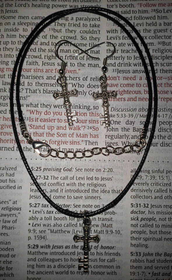 KEY CROSS PENDANT WAX LEATHER NECKLACE AND HOOK EARRINGS SET RELIGIOUS CRUCIFIX  - Image 1 of 4