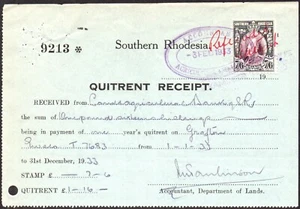 Southern Rhodesia 1933 Quitrent Receipt, 1931 7s6d revenue stamp Barefoot.10 - Picture 1 of 1