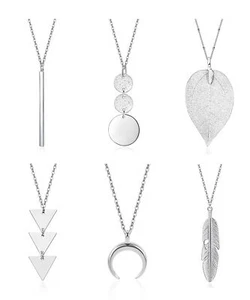 6 PCS Long Necklaces for Women - Fashion Pendant Necklace Jewelry, Silver Bar Fe - Picture 1 of 7