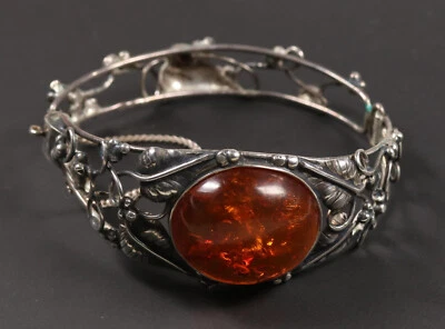 schöner 925er Sterling-Silber Vintage Armreif mit Bernstein, Handarbeit - Bild 1 von 4