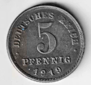 1919 German 5 Pfennig Coin KM#19, Zinc clad iron, Uncirculated - Picture 1 of 2