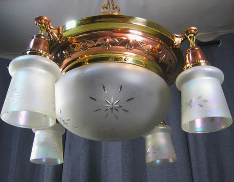 Chandelier 1910 Restored Brass & Copper w Wheel Cut Starburst Shades 5 Light Cover