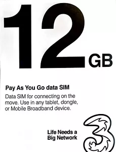 UK Three Mobile Broadband Trio Size Data SIM Card with 12GB for 12 months use - Picture 1 of 2