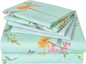 6 Piece Green Floral Sheet Set Queen Size, Soft with 4 Pillowcases Deep Pocket - Picture 1 of 7