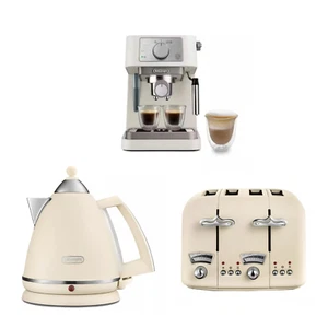 Delonghi Argento 1.7L Kettle, 4 Slice Toaster & Stilosa Coffee Machine Beige - Picture 1 of 5