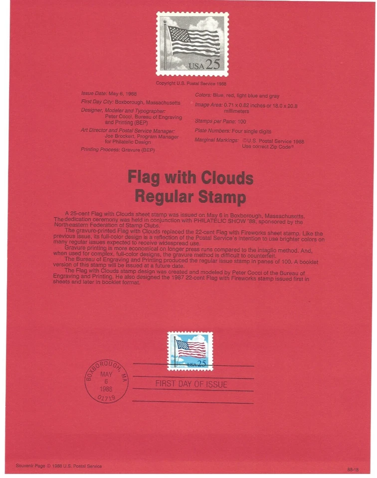 USPS Souvenir First Day Of Issue Commemorative Stamp 5/6/88 Flag W/ Clouds 25c - Image 1 of 1