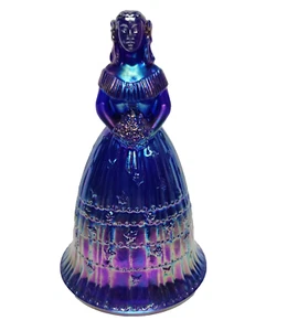 VINTAGE IMPERIAL GLASS SUZANNE BLUE IRIDESCENT CARNIVAL GLASS BELL w/ORIG LABELS - Picture 1 of 4