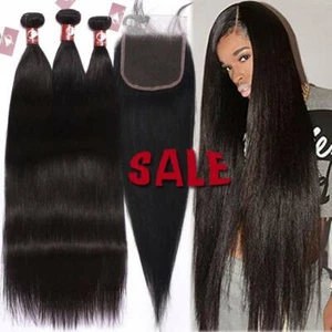 8A 3Bundles with Lace Closure Peruvian Virgin Human Hair Weave Straight Weft 4*4 - Picture 1 of 18